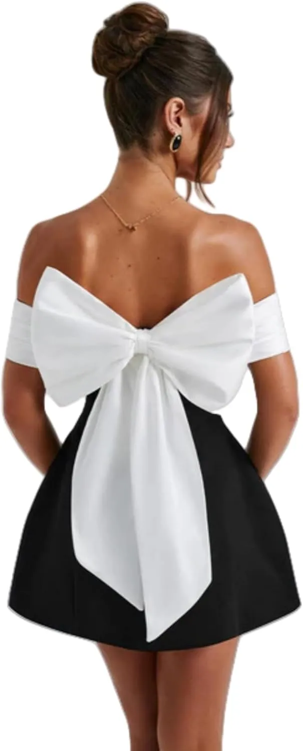 AIBEARTY Women's Elegant Big Bow Off Shoulder Mini Dress Sexy Strapless Backless Party Cocktail Evening Wedding Dresses