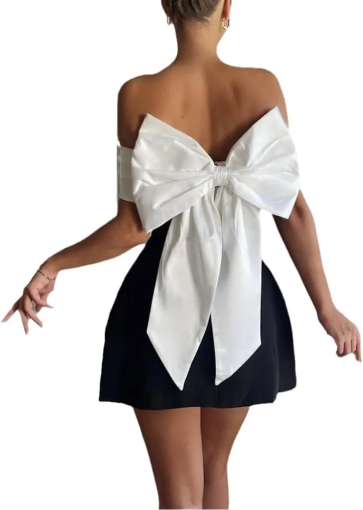 AIBEARTY Women's Elegant Big Bow Off Shoulder Mini Dress Sexy Strapless Backless Party Cocktail Evening Wedding Dresses