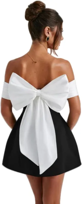 AIBEARTY Women's Elegant Big Bow Off Shoulder Mini Dress Sexy Strapless Backless Party Cocktail Evening Wedding Dresses