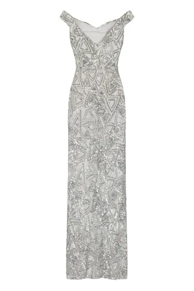 Amira Silver Luxe Love Triangle Sequin Off The Shoulder Maxi Dress