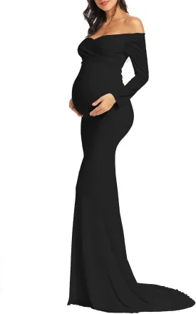 BANETTETA Off Shoulder Maternity Gown for Photoshoot, Long Sleeve Maternity Maxi Dress, Baby Shower Dress for Women