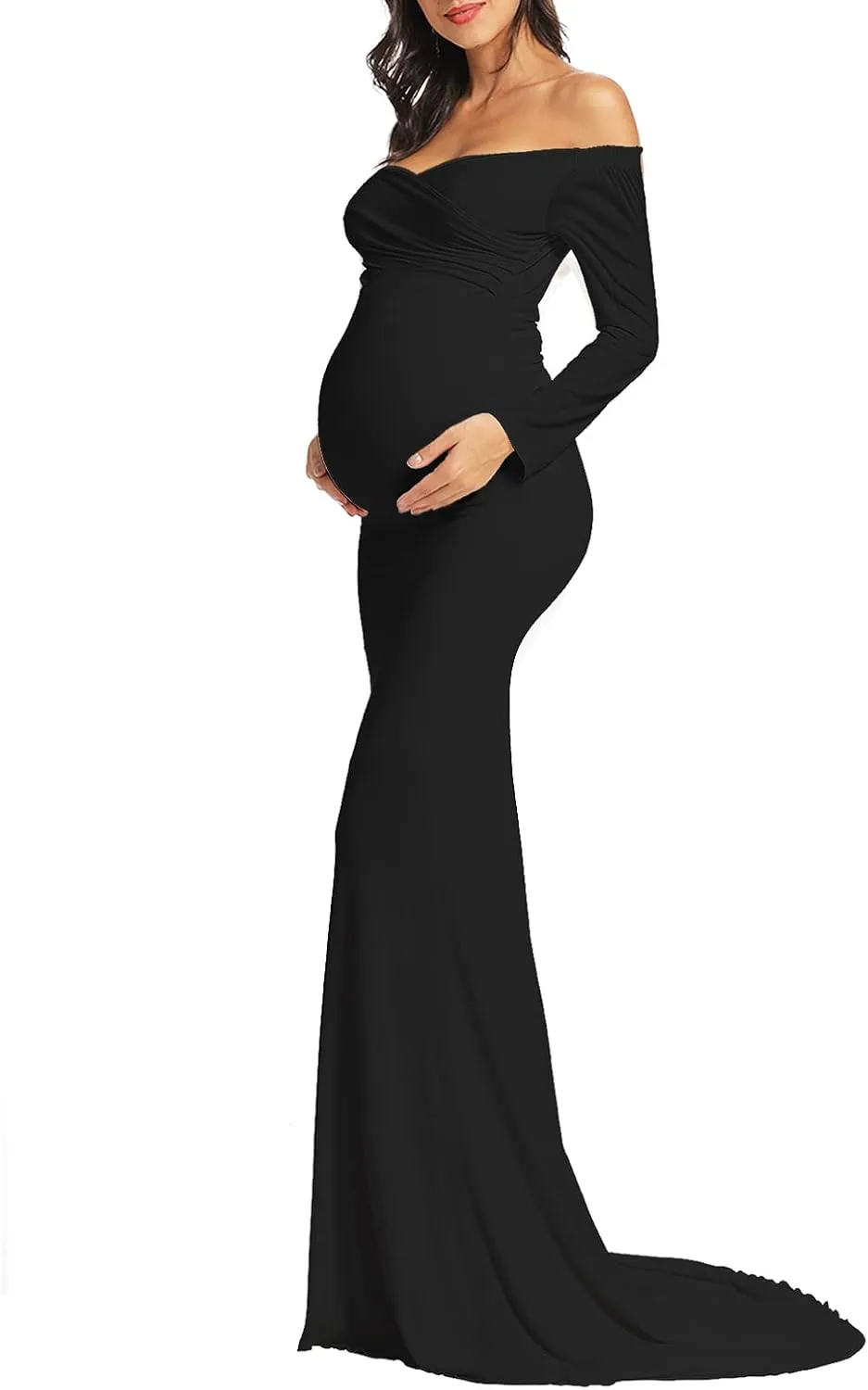 BANETTETA Off Shoulder Maternity Gown for Photoshoot, Long Sleeve Maternity Maxi Dress, Baby Shower Dress for Women