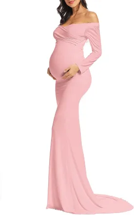 BANETTETA Off Shoulder Maternity Gown for Photoshoot, Long Sleeve Maternity Maxi Dress, Baby Shower Dress for Women