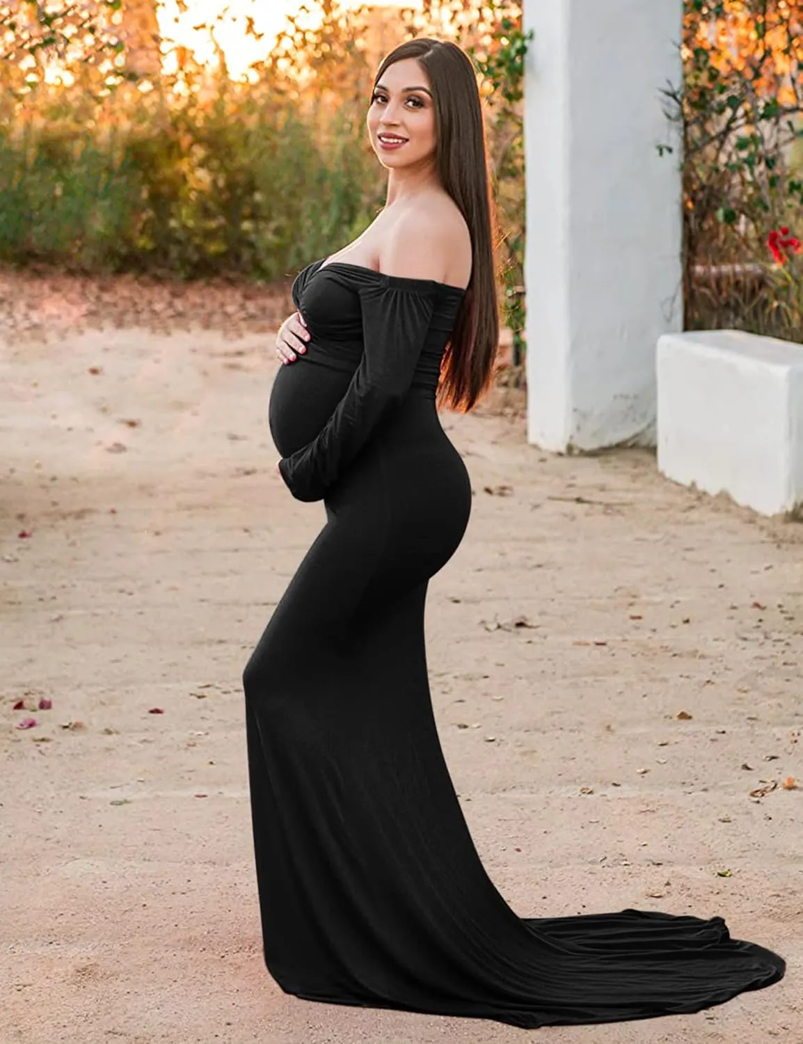 BANETTETA Off Shoulder Maternity Gown for Photoshoot, Long Sleeve Maternity Maxi Dress, Baby Shower Dress for Women