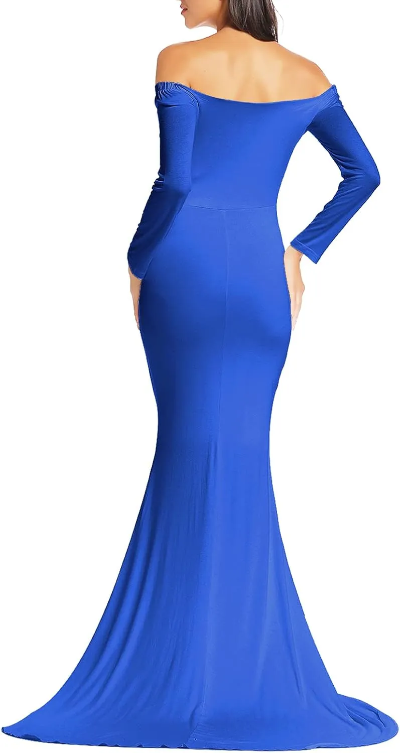 BANETTETA Off Shoulder Maternity Gown for Photoshoot, Long Sleeve Maternity Maxi Dress, Baby Shower Dress for Women