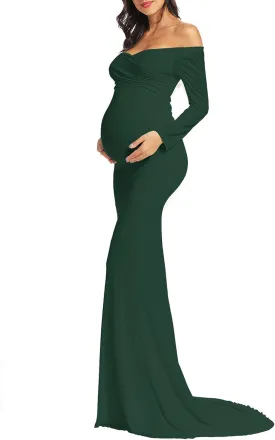 BANETTETA Off Shoulder Maternity Gown for Photoshoot, Long Sleeve Maternity Maxi Dress, Baby Shower Dress for Women
