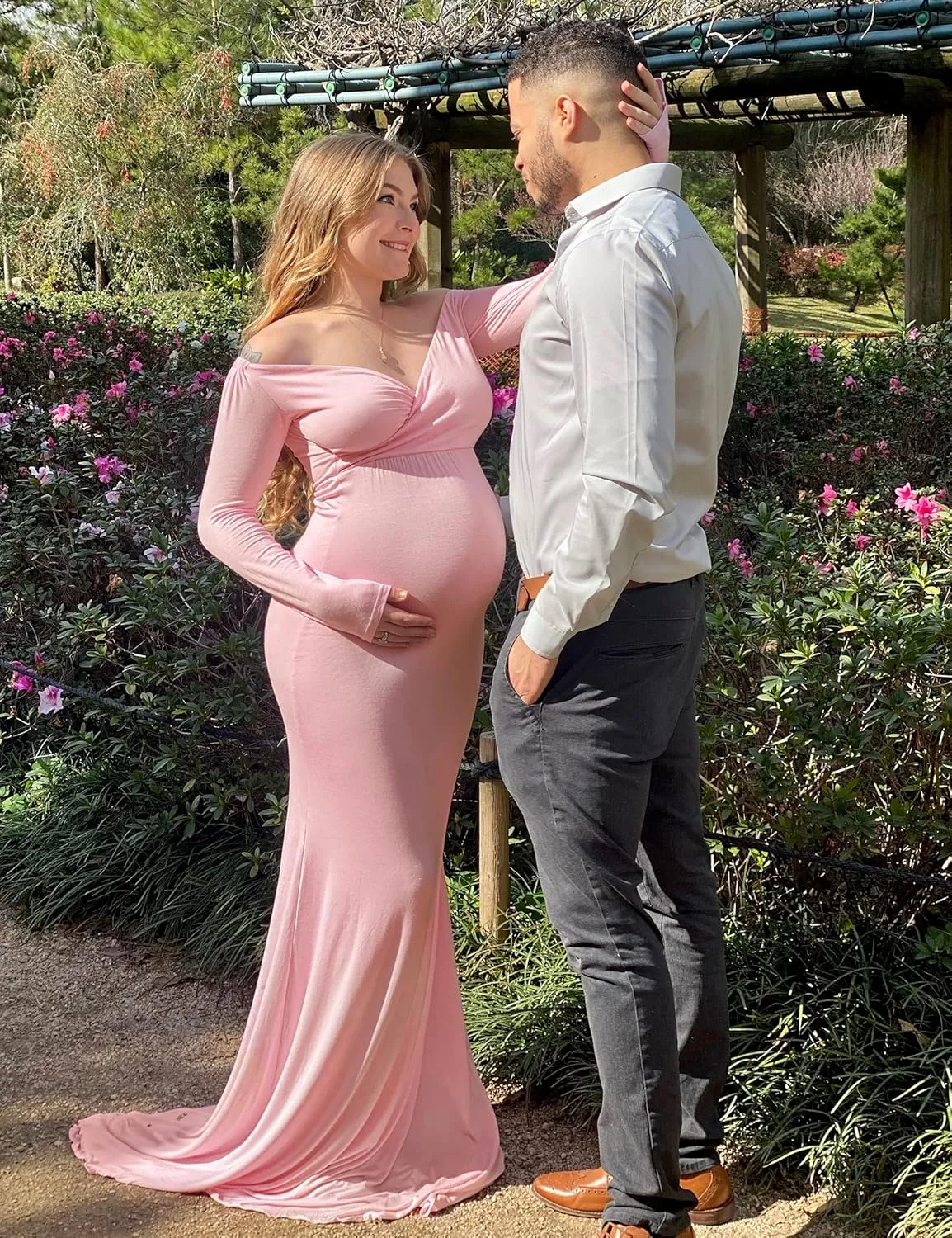 BANETTETA Off Shoulder Maternity Gown for Photoshoot, Long Sleeve Maternity Maxi Dress, Baby Shower Dress for Women