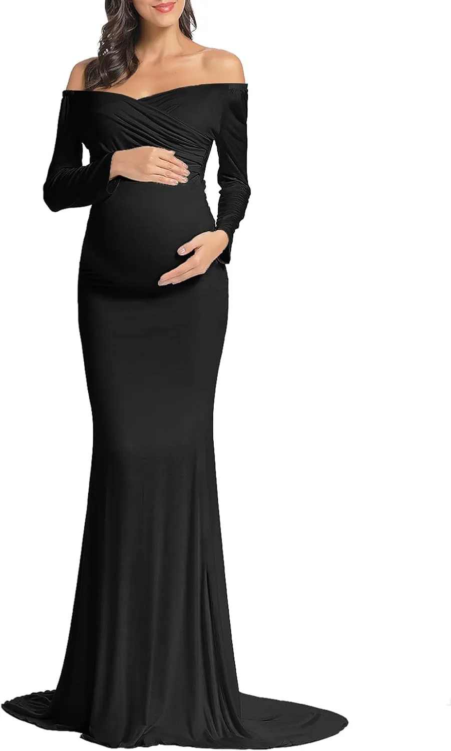 BANETTETA Off Shoulder Maternity Gown for Photoshoot, Long Sleeve Maternity Maxi Dress, Baby Shower Dress for Women