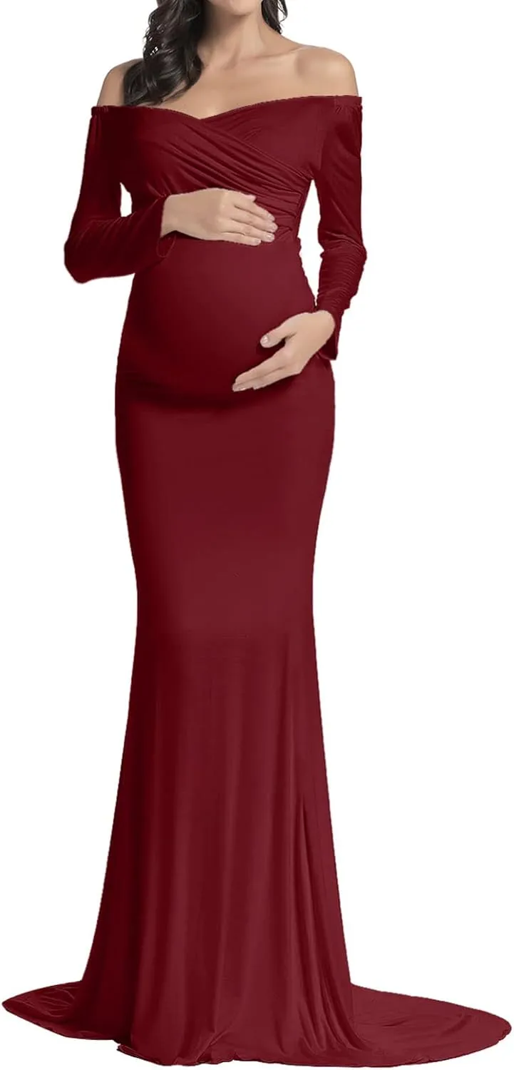BANETTETA Off Shoulder Maternity Gown for Photoshoot, Long Sleeve Maternity Maxi Dress, Baby Shower Dress for Women