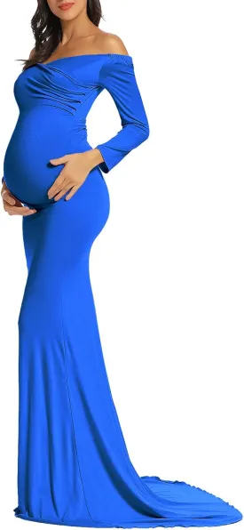 BANETTETA Off Shoulder Maternity Gown for Photoshoot, Long Sleeve Maternity Maxi Dress, Baby Shower Dress for Women
