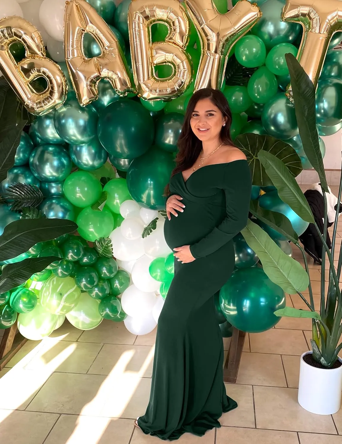 BANETTETA Off Shoulder Maternity Gown for Photoshoot, Long Sleeve Maternity Maxi Dress, Baby Shower Dress for Women