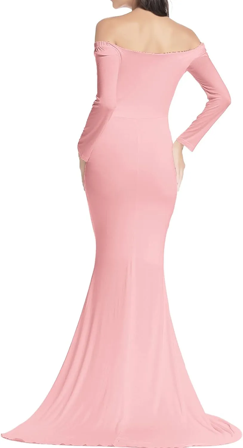 BANETTETA Off Shoulder Maternity Gown for Photoshoot, Long Sleeve Maternity Maxi Dress, Baby Shower Dress for Women