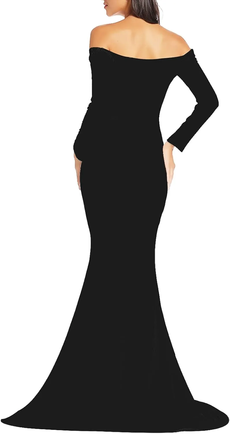 BANETTETA Off Shoulder Maternity Gown for Photoshoot, Long Sleeve Maternity Maxi Dress, Baby Shower Dress for Women