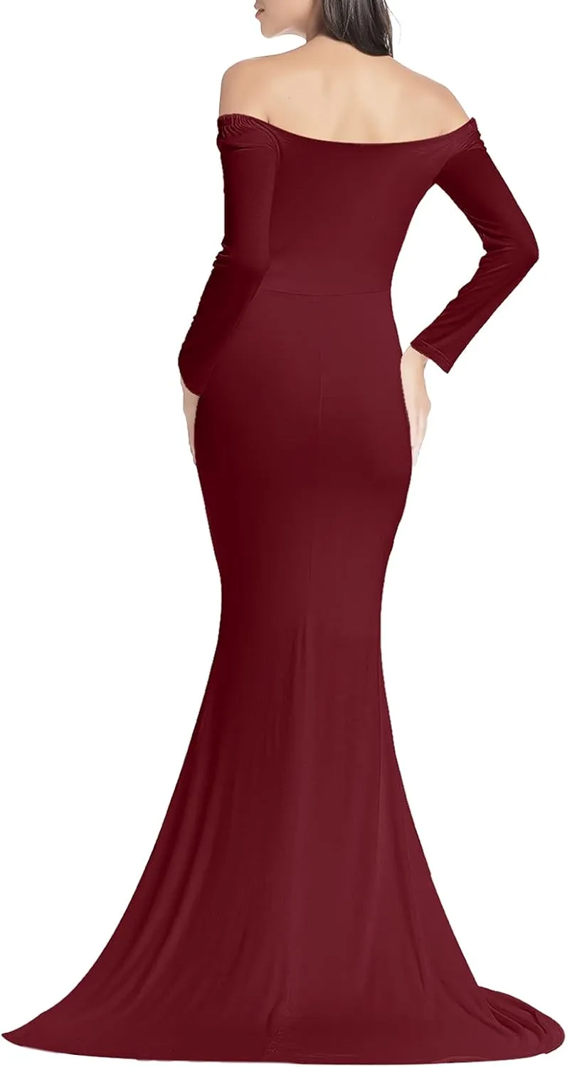 BANETTETA Off Shoulder Maternity Gown for Photoshoot, Long Sleeve Maternity Maxi Dress, Baby Shower Dress for Women