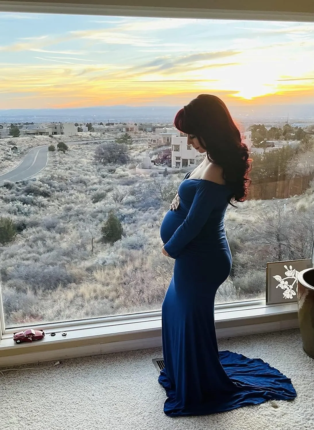 BANETTETA Off Shoulder Maternity Gown for Photoshoot, Long Sleeve Maternity Maxi Dress, Baby Shower Dress for Women