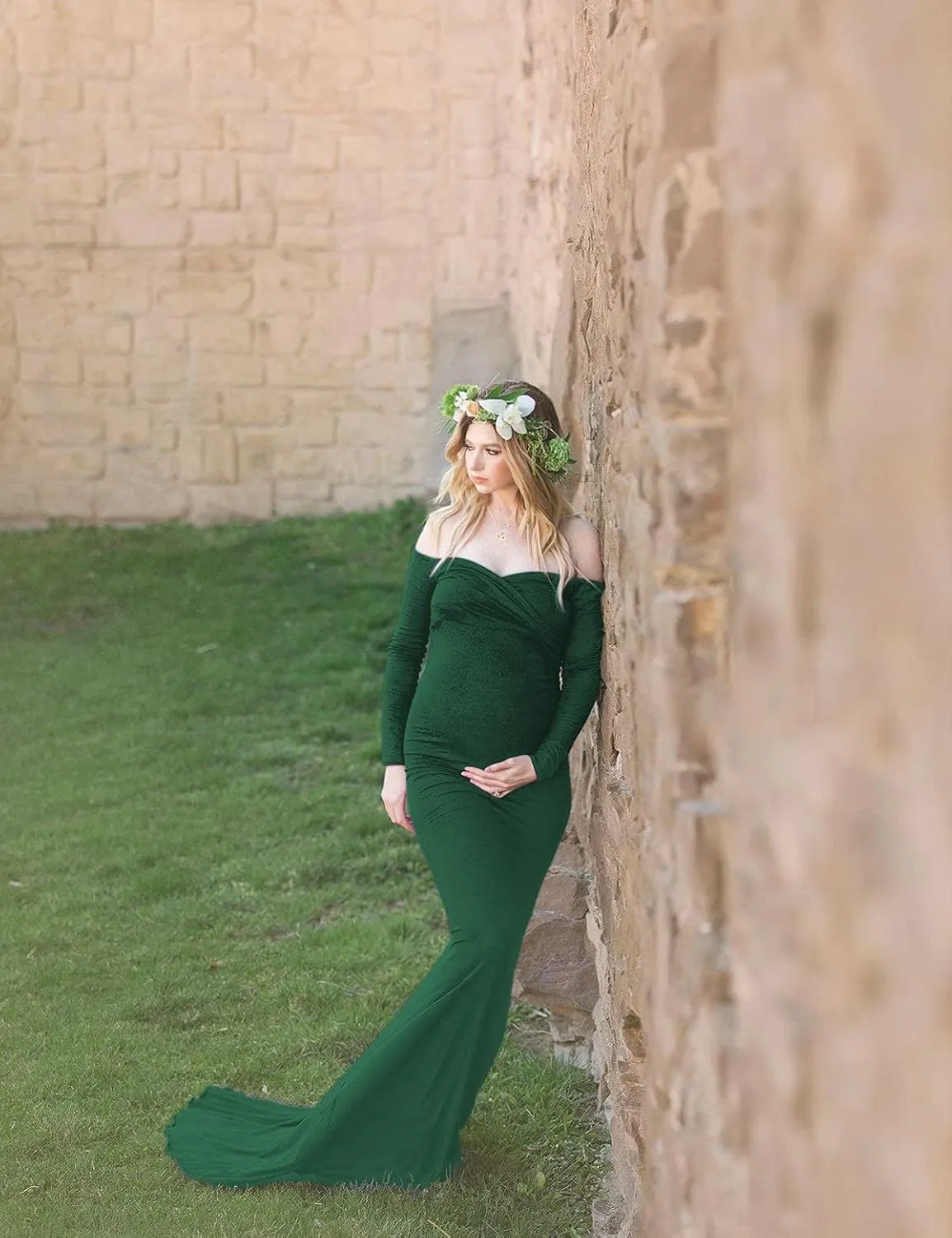 BANETTETA Off Shoulder Maternity Gown for Photoshoot, Long Sleeve Maternity Maxi Dress, Baby Shower Dress for Women