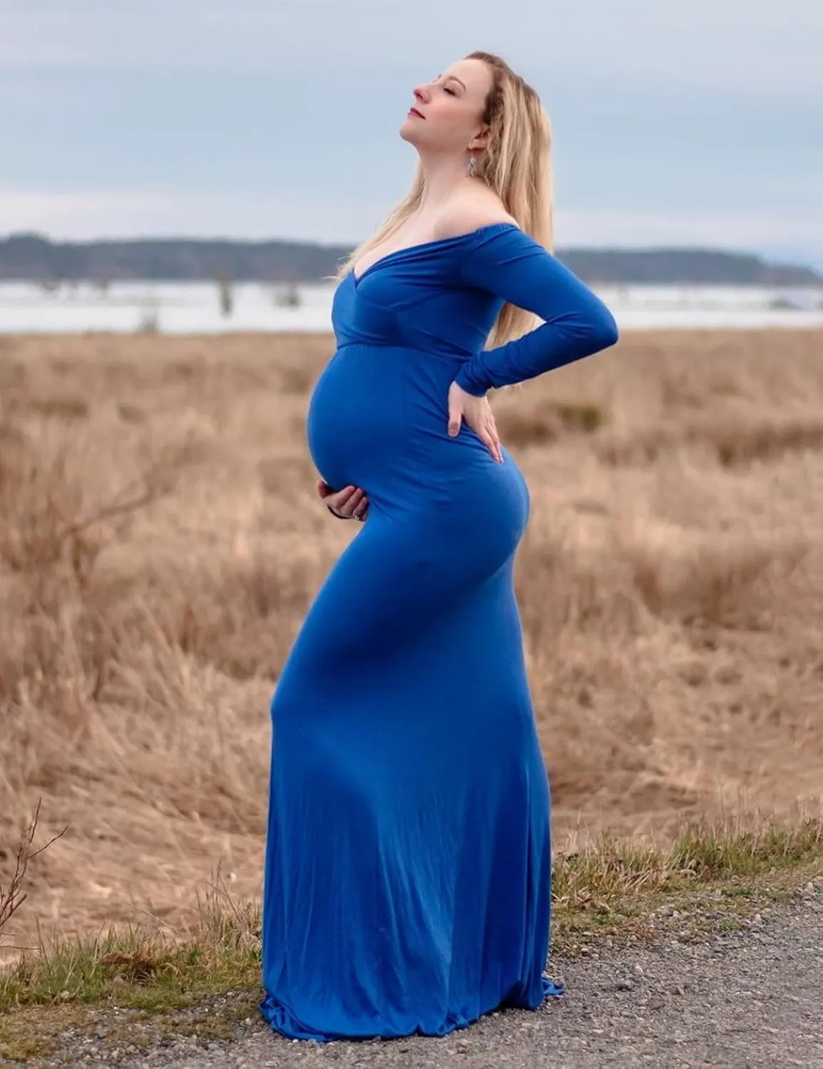 BANETTETA Off Shoulder Maternity Gown for Photoshoot, Long Sleeve Maternity Maxi Dress, Baby Shower Dress for Women