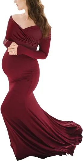 BANETTETA Off Shoulder Maternity Gown for Photoshoot, Long Sleeve Maternity Maxi Dress, Baby Shower Dress for Women