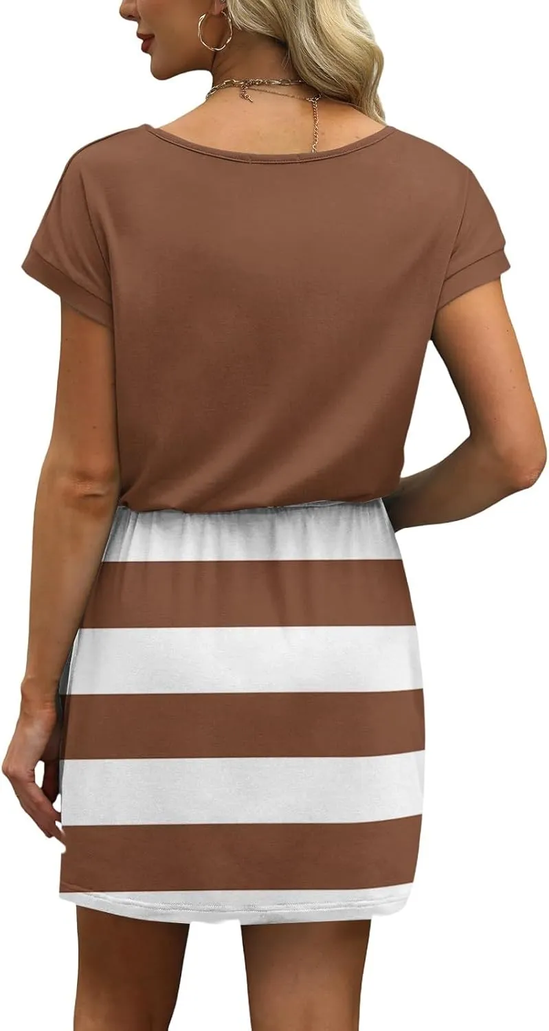 BAXLIMEK Mini Dresses for Women Summer Casual Loose V Neck Short Sleeve T Shirt Dress,Comfy Drawstring Striped Beach Dress