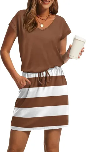 BAXLIMEK Mini Dresses for Women Summer Casual Loose V Neck Short Sleeve T Shirt Dress,Comfy Drawstring Striped Beach Dress