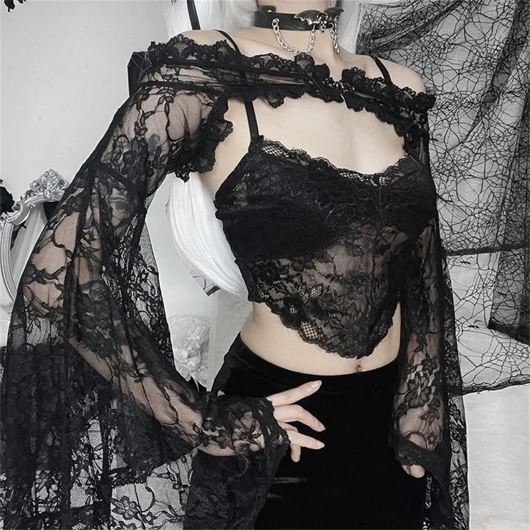 Bolero Shrug Top Trad Goth Black Shawls and Wraps for Evening Dresses Short Cardigan