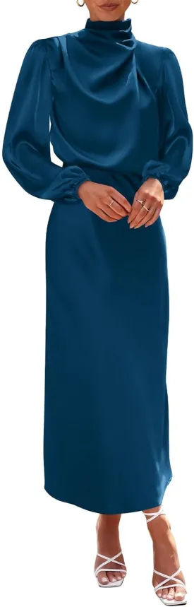 BTFBM Womens Mock Neck Satin Dress 2025 Summer Spring Long Sleeve High Waist Wedding Party Maxi Formal Cocktail Dresses