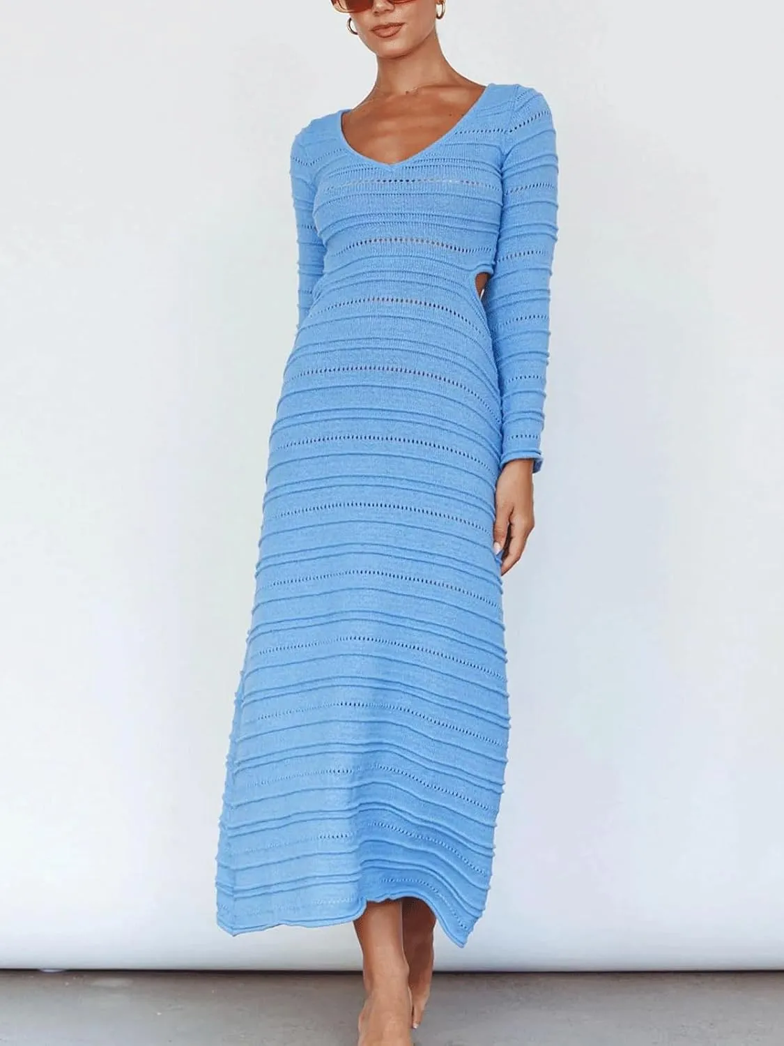CHARTOU Women's Bodycon Dresses Knit Cut Out Sexy Long Sleeve Maxi Dress Ribbed Sweater Dress Fall 2024