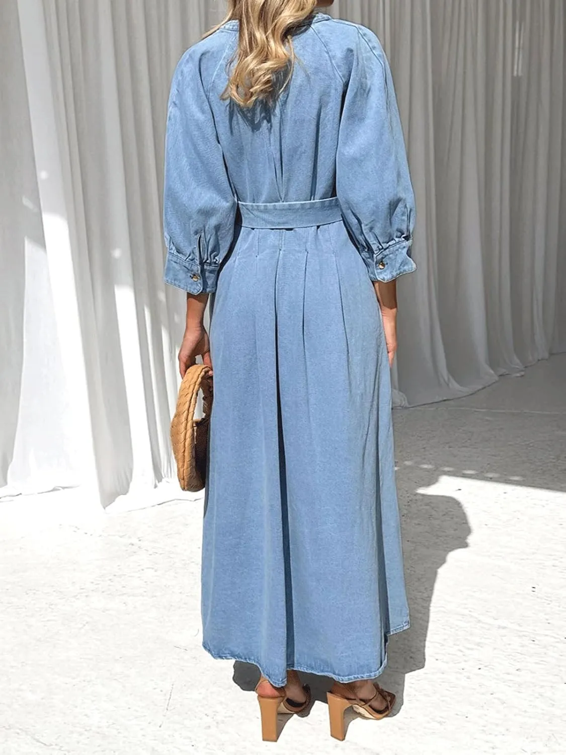 CHARTOU Women's Button Down Denim Dress Puff 3/4 Sleeve Long Jean Dresses Pleated V Neck Sundress with Belt