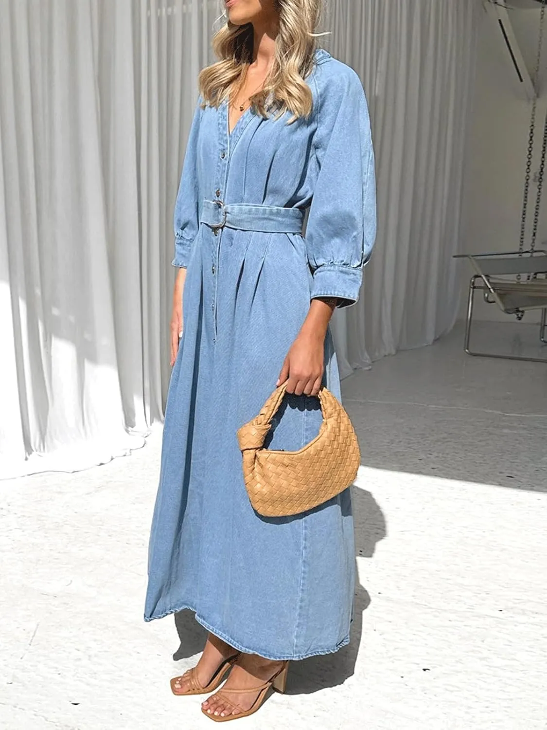 CHARTOU Women's Button Down Denim Dress Puff 3/4 Sleeve Long Jean Dresses Pleated V Neck Sundress with Belt