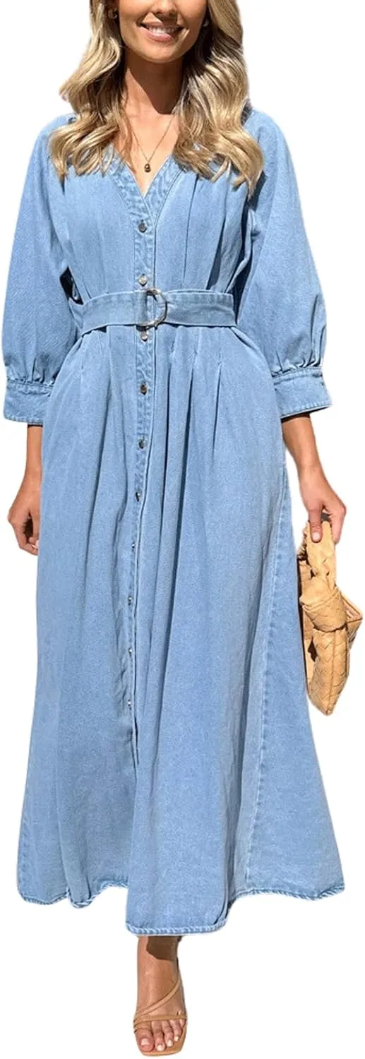 CHARTOU Women's Button Down Denim Dress Puff 3/4 Sleeve Long Jean Dresses Pleated V Neck Sundress with Belt