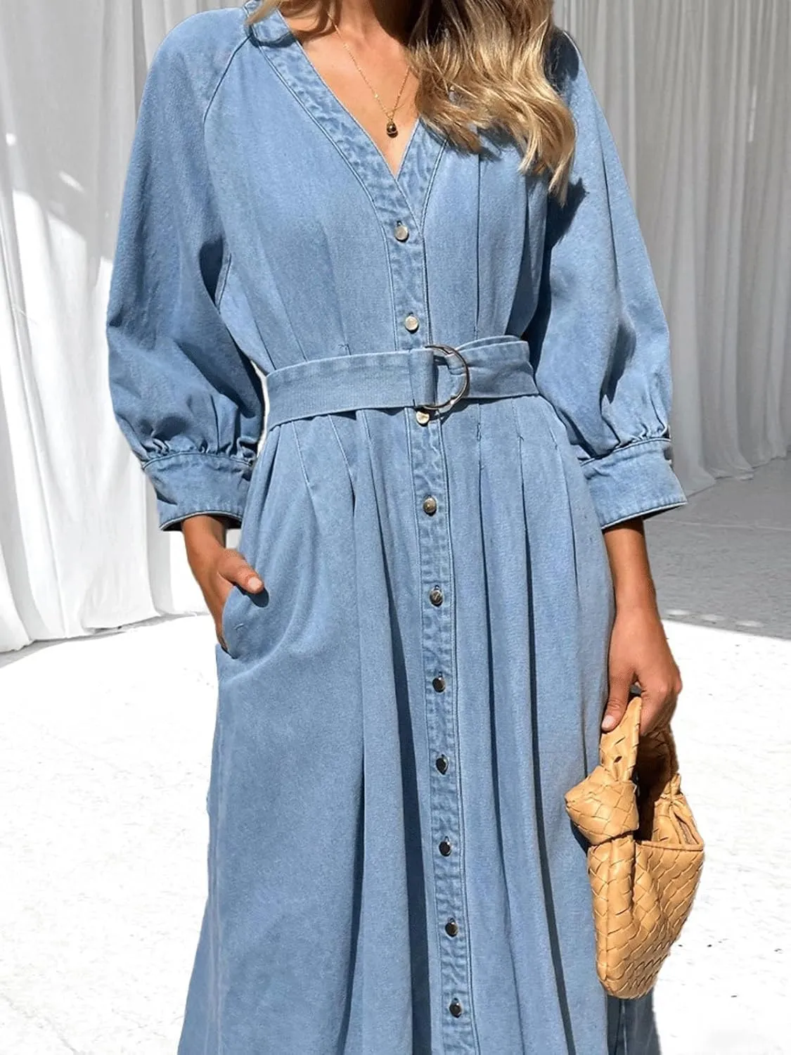 CHARTOU Women's Button Down Denim Dress Puff 3/4 Sleeve Long Jean Dresses Pleated V Neck Sundress with Belt