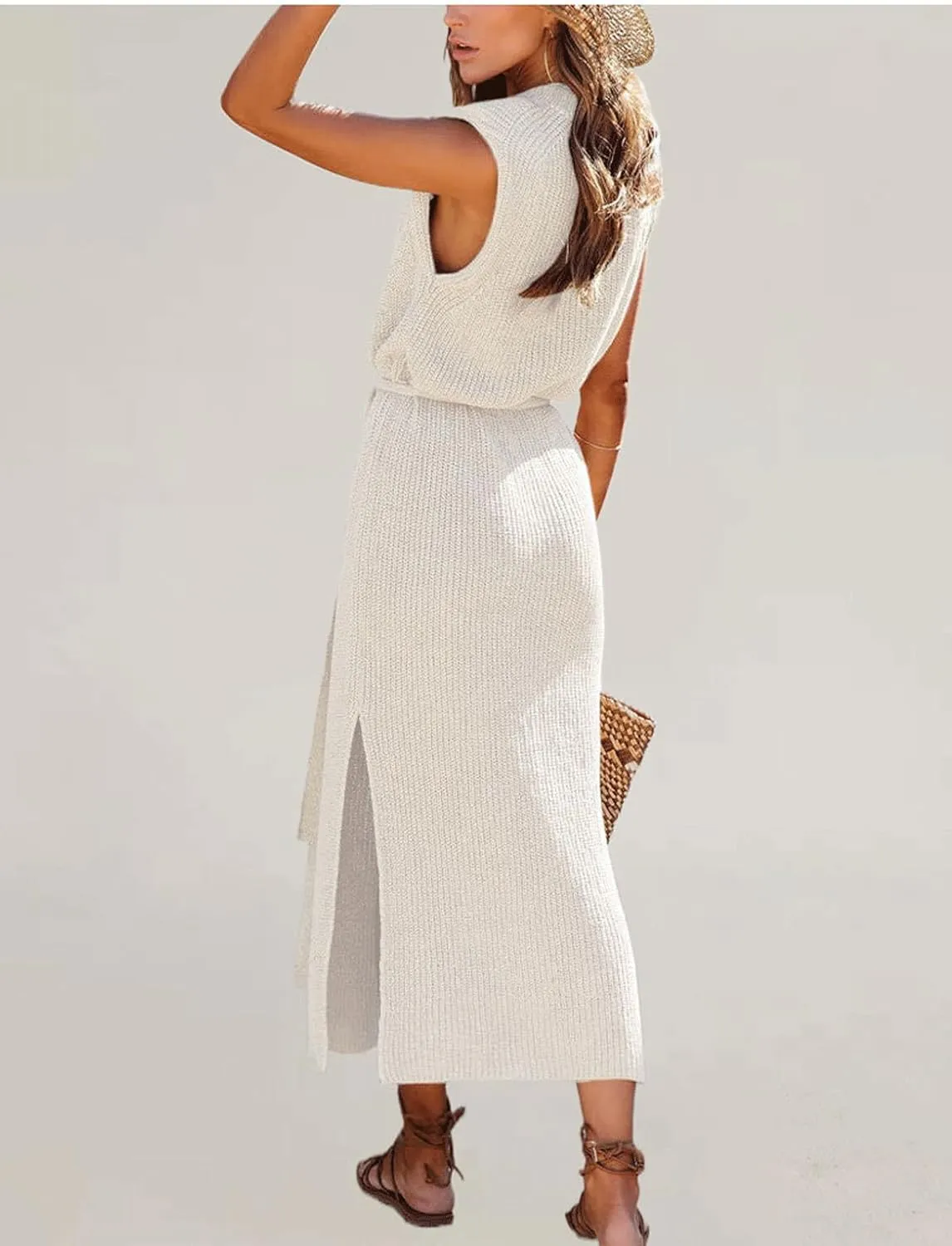 CHARTOU Women's Crew Neck Ribbed Knit Dress Sleeveless Double Side Slit Midi Long Dresses Dress with Belt