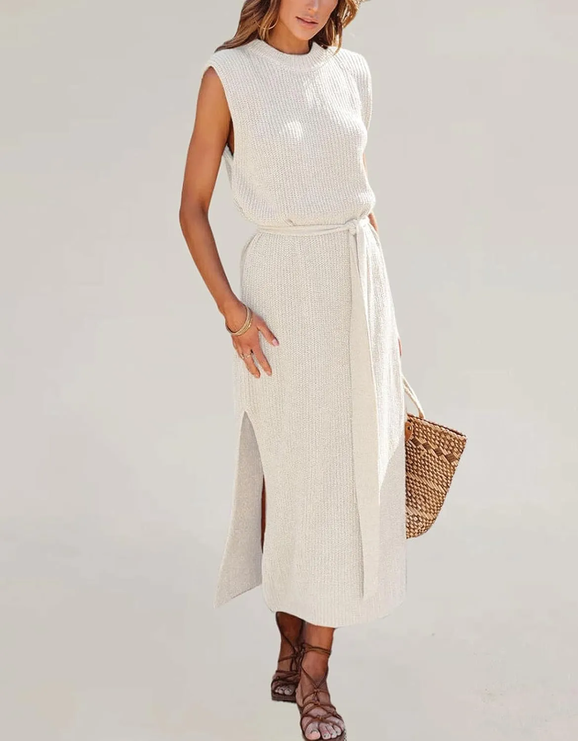 CHARTOU Women's Crew Neck Ribbed Knit Dress Sleeveless Double Side Slit Midi Long Dresses Dress with Belt