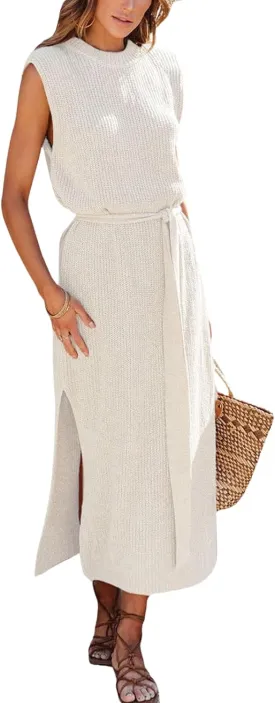 CHARTOU Women's Crew Neck Ribbed Knit Dress Sleeveless Double Side Slit Midi Long Dresses Dress with Belt