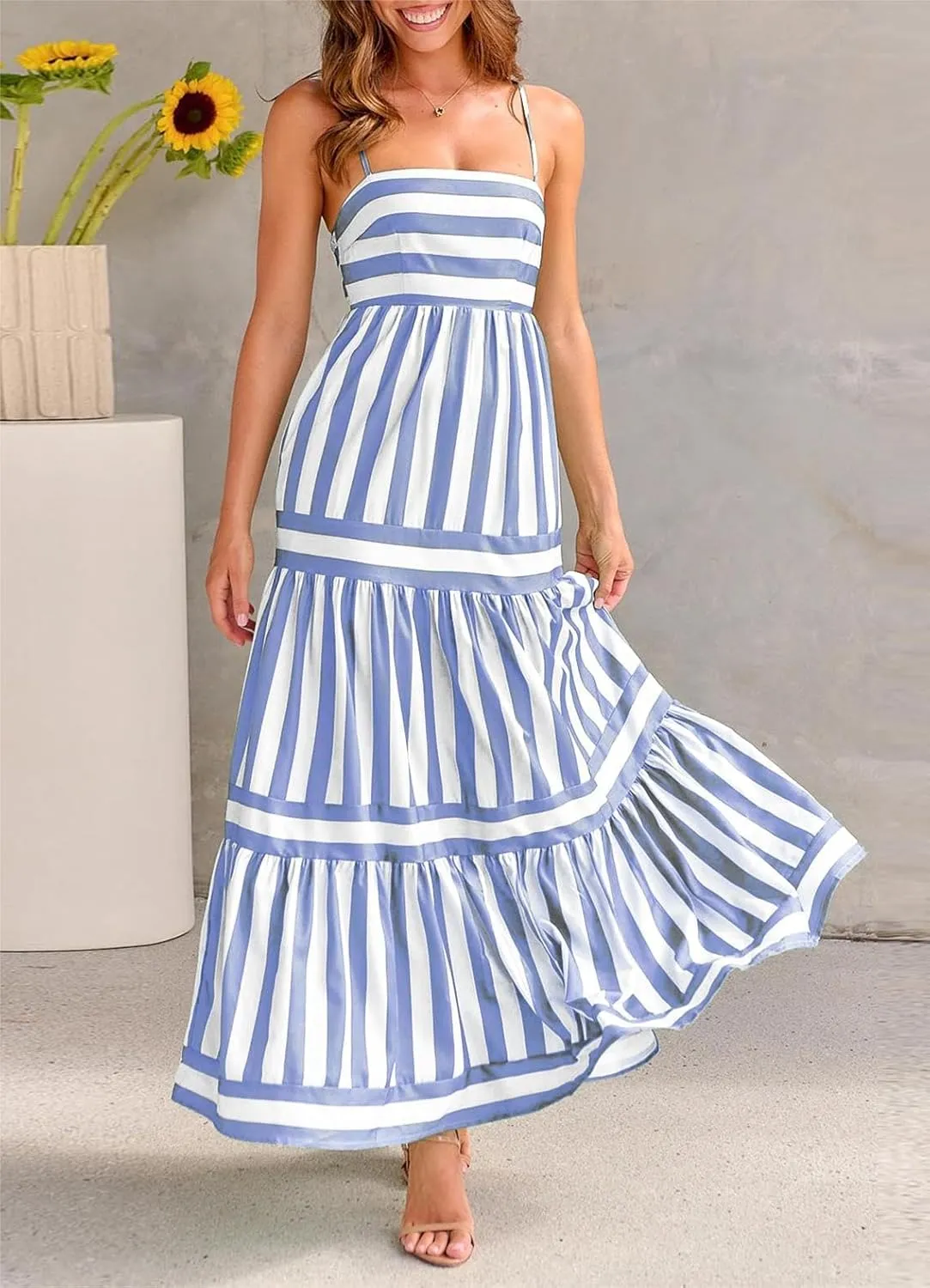 chouyatou Women Spaghetti Strap Back Smocked Maxi Striped Dress Summer Casual Floral Flowy Beach Sun Dress