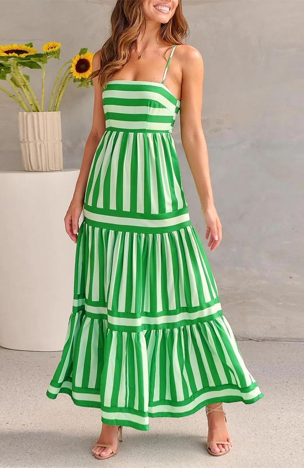 chouyatou Women Spaghetti Strap Back Smocked Maxi Striped Dress Summer Casual Floral Flowy Beach Sun Dress