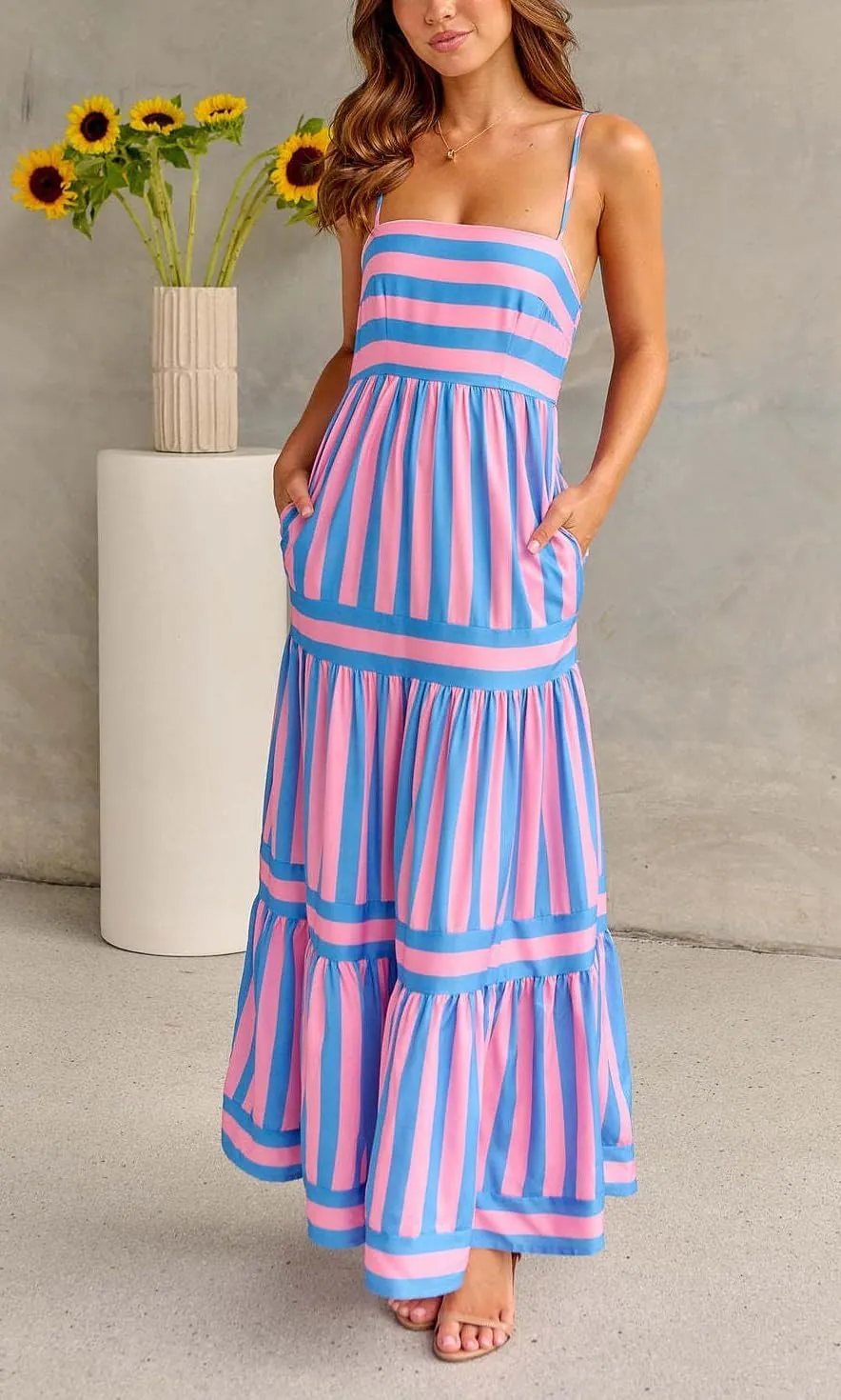 chouyatou Women Spaghetti Strap Back Smocked Maxi Striped Dress Summer Casual Floral Flowy Beach Sun Dress