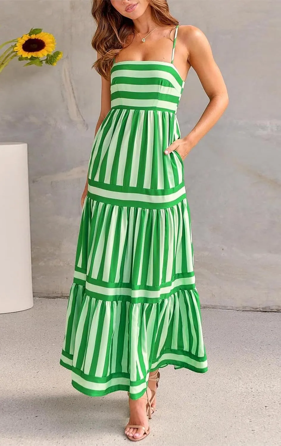 chouyatou Women Spaghetti Strap Back Smocked Maxi Striped Dress Summer Casual Floral Flowy Beach Sun Dress