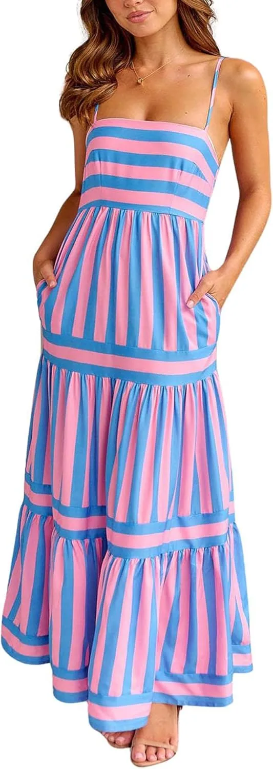 chouyatou Women Spaghetti Strap Back Smocked Maxi Striped Dress Summer Casual Floral Flowy Beach Sun Dress