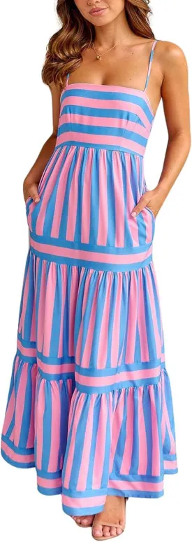 chouyatou Women Spaghetti Strap Back Smocked Maxi Striped Dress Summer Casual Floral Flowy Beach Sun Dress