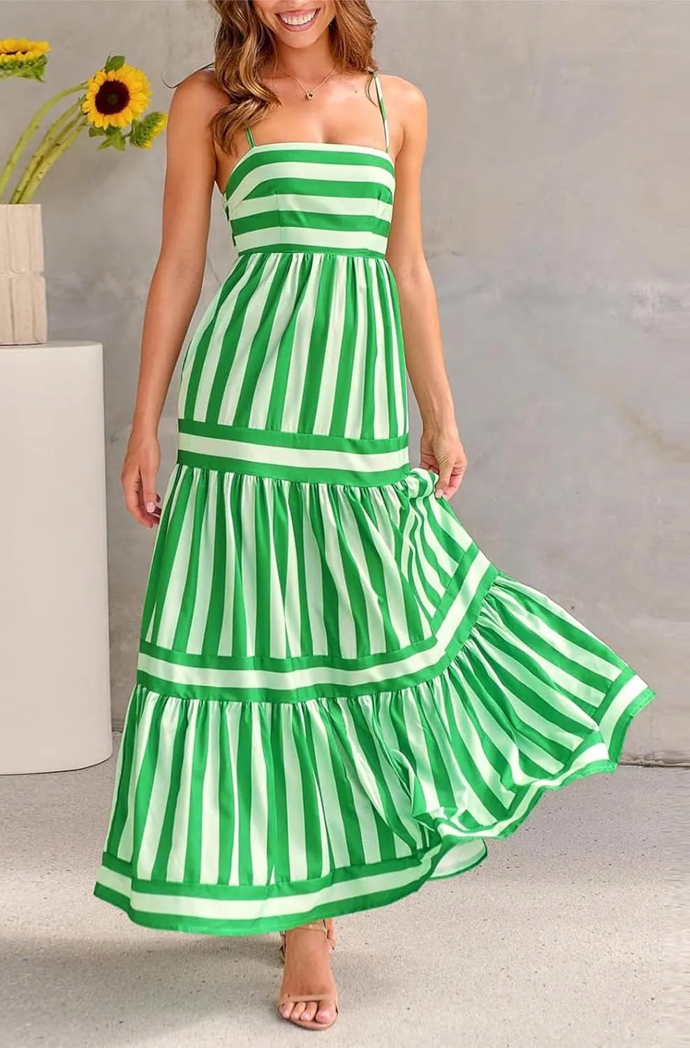 chouyatou Women Spaghetti Strap Back Smocked Maxi Striped Dress Summer Casual Floral Flowy Beach Sun Dress