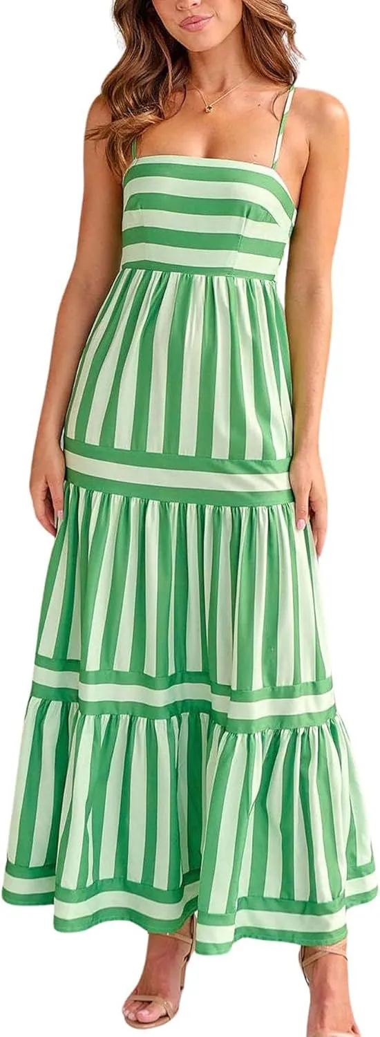 chouyatou Women Spaghetti Strap Back Smocked Maxi Striped Dress Summer Casual Floral Flowy Beach Sun Dress