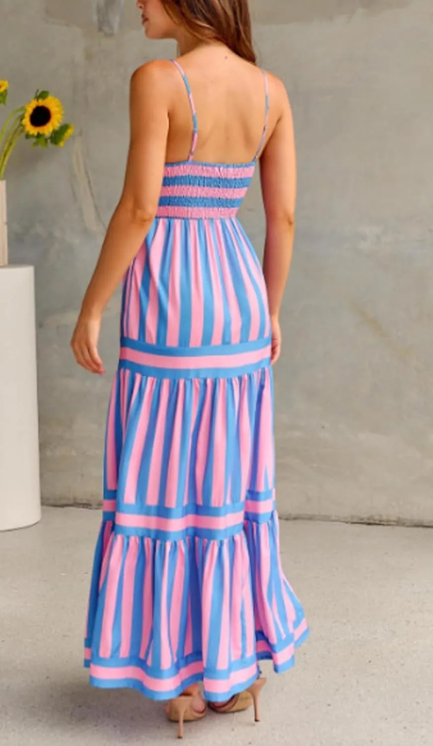 chouyatou Women Spaghetti Strap Back Smocked Maxi Striped Dress Summer Casual Floral Flowy Beach Sun Dress
