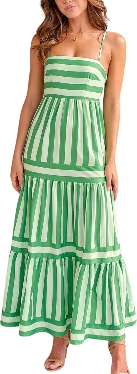 chouyatou Women Spaghetti Strap Back Smocked Maxi Striped Dress Summer Casual Floral Flowy Beach Sun Dress