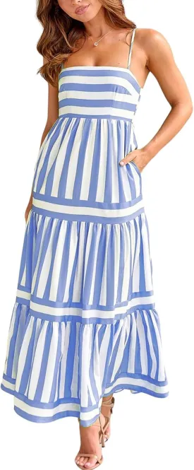 chouyatou Women Spaghetti Strap Back Smocked Maxi Striped Dress Summer Casual Floral Flowy Beach Sun Dress