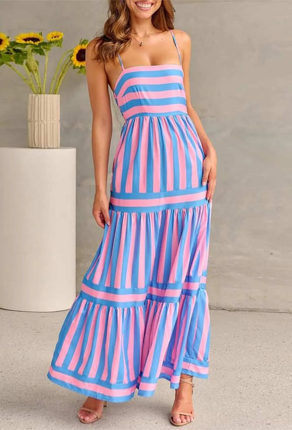 chouyatou Women Spaghetti Strap Back Smocked Maxi Striped Dress Summer Casual Floral Flowy Beach Sun Dress