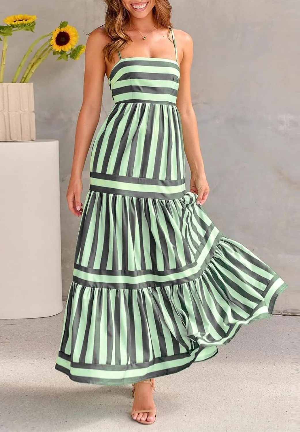 chouyatou Women Spaghetti Strap Back Smocked Maxi Striped Dress Summer Casual Floral Flowy Beach Sun Dress