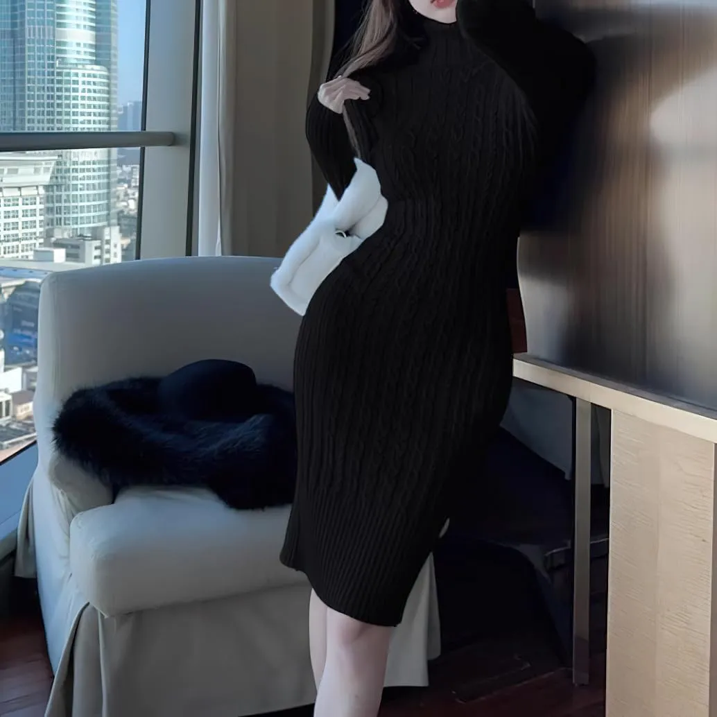 chouyatou Women's Fall Sexy Bodycon Pencil Turtleneck Cable Knit Midi Sweater Dress Pullover Sweater Dress