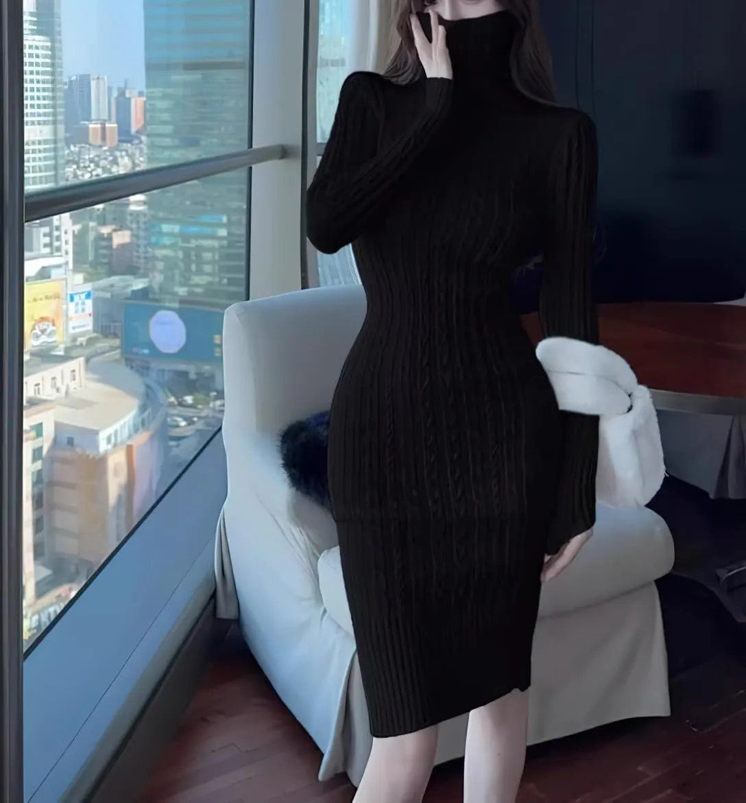 chouyatou Women's Fall Sexy Bodycon Pencil Turtleneck Cable Knit Midi Sweater Dress Pullover Sweater Dress