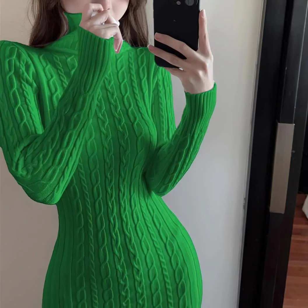 chouyatou Women's Fall Sexy Bodycon Pencil Turtleneck Cable Knit Midi Sweater Dress Pullover Sweater Dress